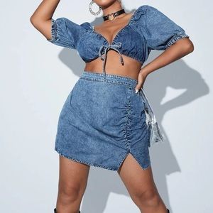 Plus Knot Front Puff Sleeve Crop Denim Top & Split Skirt